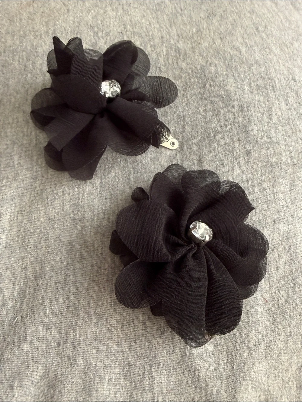 Set of 2 Black Floral Fabric Hair Clips with Rhinestone Accent
